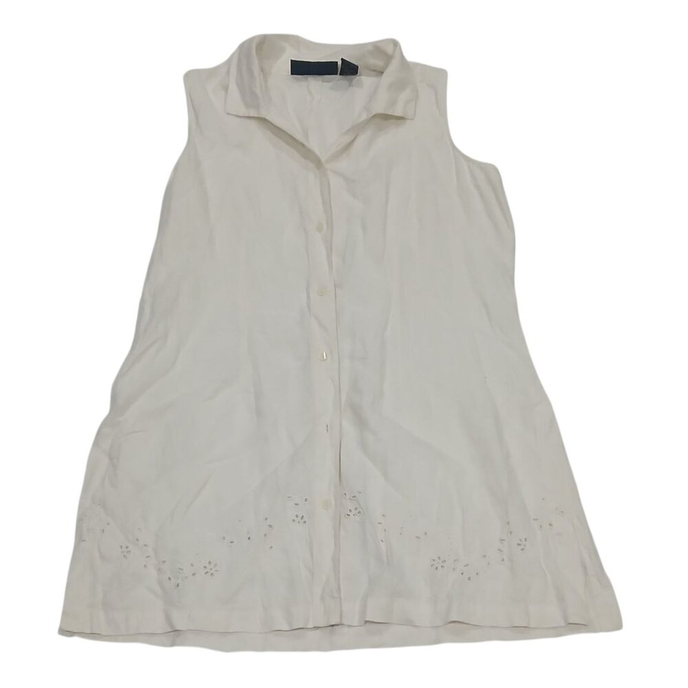 Herman Geist women's cream blouse. sleeveless button front top shirt size L.